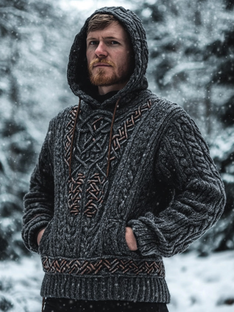 Men's Vintage Viking Inspired Celtic Jacquard Hooded Sweater elevenforest