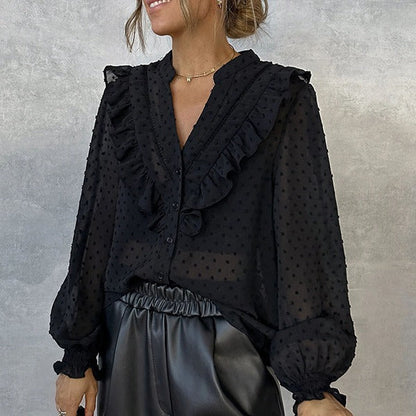 Spring Ruffled Lantern Sleeves Office Button Long Sleeve Shirt – Workwear Blouse