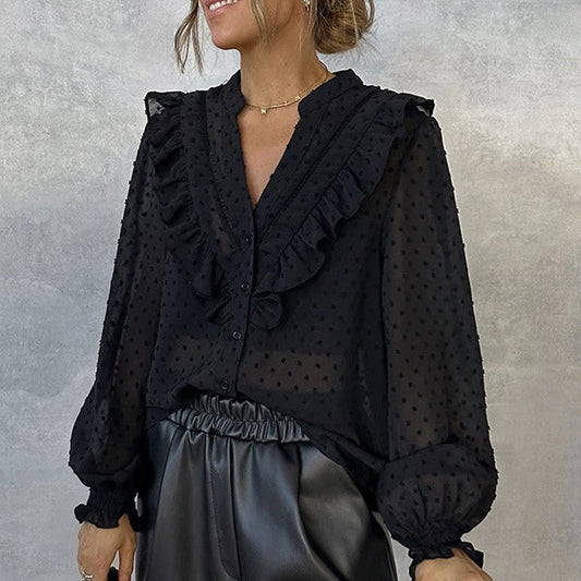 Spring Ruffled Lantern Sleeves Office Button Long Sleeve Shirt – Workwear Blouse