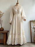 Vintage Hollow Floral Lace Patchwork Flowy Linen Maxi Dress elevenforest