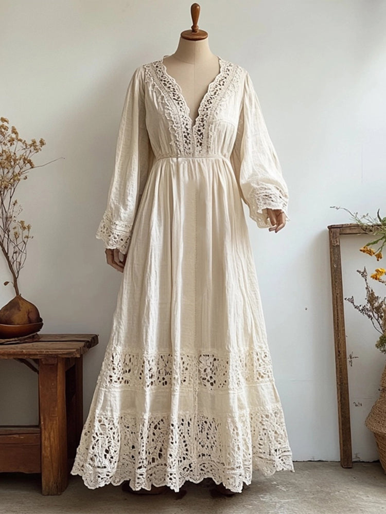 Vintage Hollow Floral Lace Patchwork Flowy Linen Maxi Dress elevenforest
