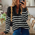 Retro Striped Color Block Zip Collar Long Sleeve Sweater elevenforest