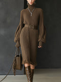 Brown Ribbed Knit Turtleneck Long Sleeve Dress With Belt