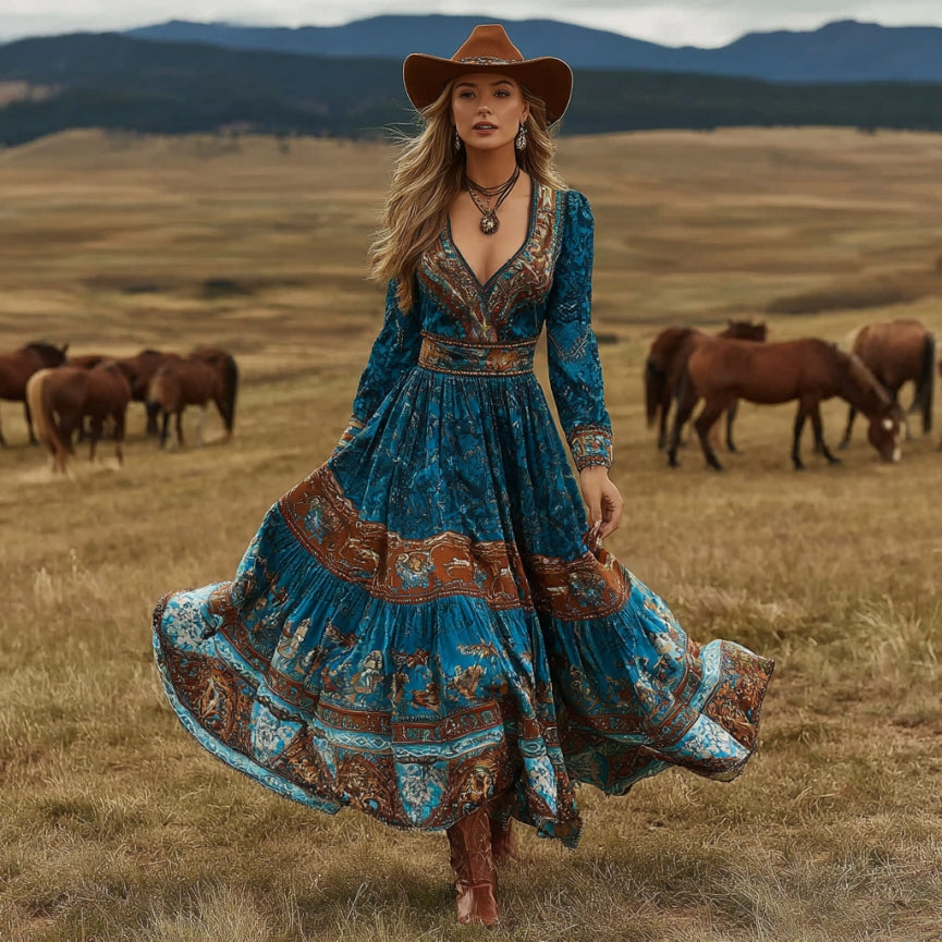 Women's Vintage Western Horse Art Print V-neck Long Sleeve Maxi Dress elevenforest