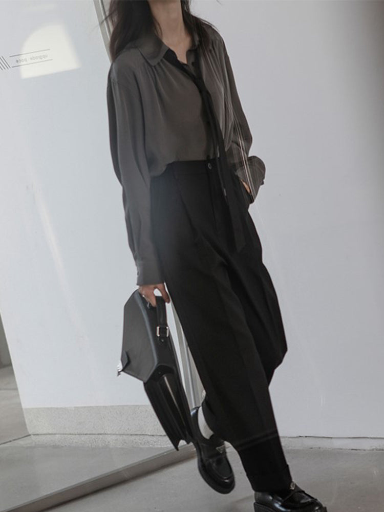 Spring Minimalist Long Sleeve Button Up Shirt Korean Style Tie Shirts Blouse Loose Clothes Tops