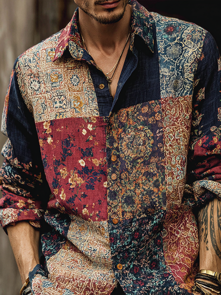 Western Style Bohemian Plant Flower Pattern Color Block Patchwork Retro Cotton And Linen Men's Shirt elevenforest