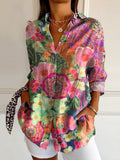 Women's Bohemian Watercolor Floral Art Print Casual Cotton Shirt