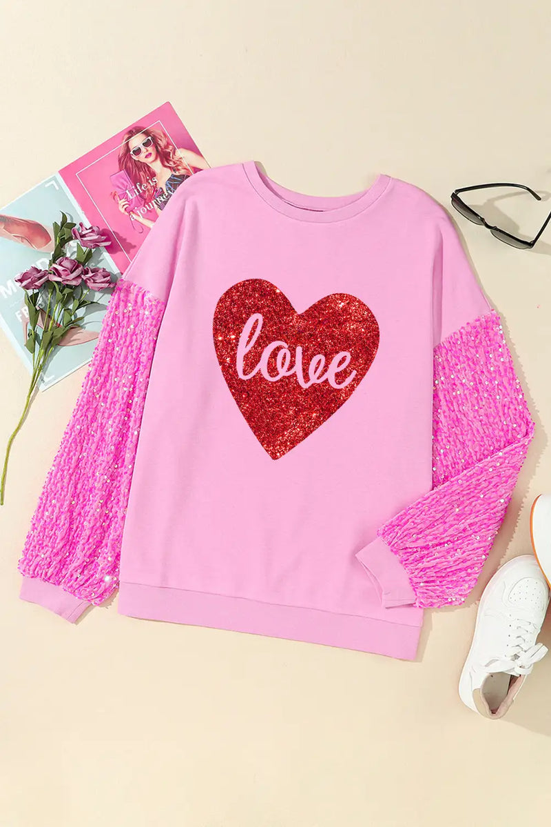 Pink Shiny Heart Sequined Sleeve Sweatshirt