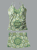 Green Pattern V-Neck Vintage Flowers Print Suspender Skirt Tankini Pantskirt Set Swimsuit