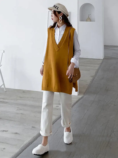 Sleeveless Split-side Color V-neck Knitted Vest