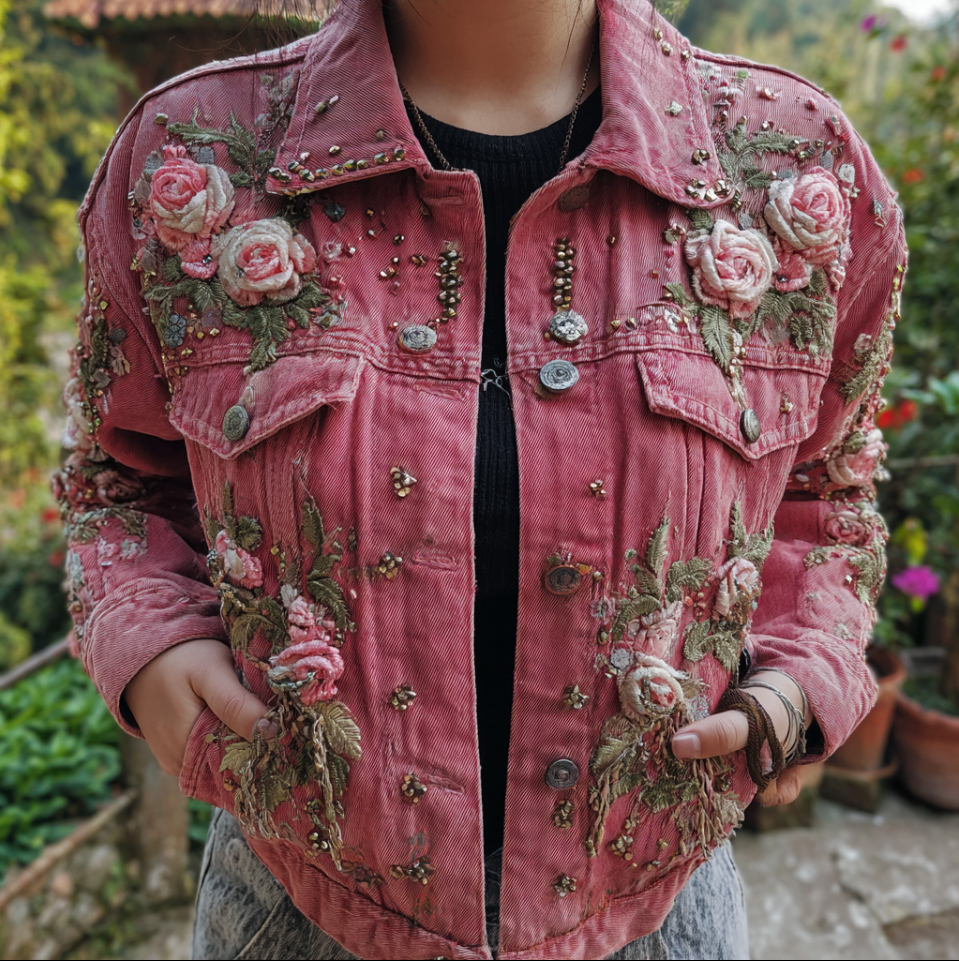 Bohemian Style Rose Embroidery Women's Retro Casual Denim Jacket elevenforest