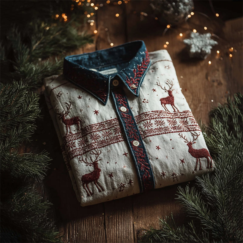 Cottage Christmas Reindeer Snowflakesembroidered Linen Shirt elevenforest