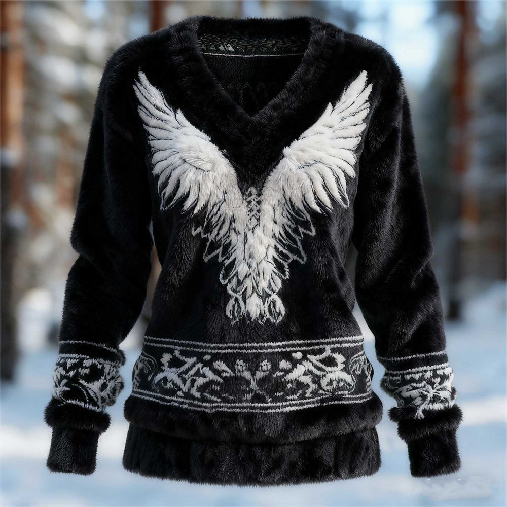 Comstylish Viking Angel Wings Design Women's Flannel V-neck Sweater