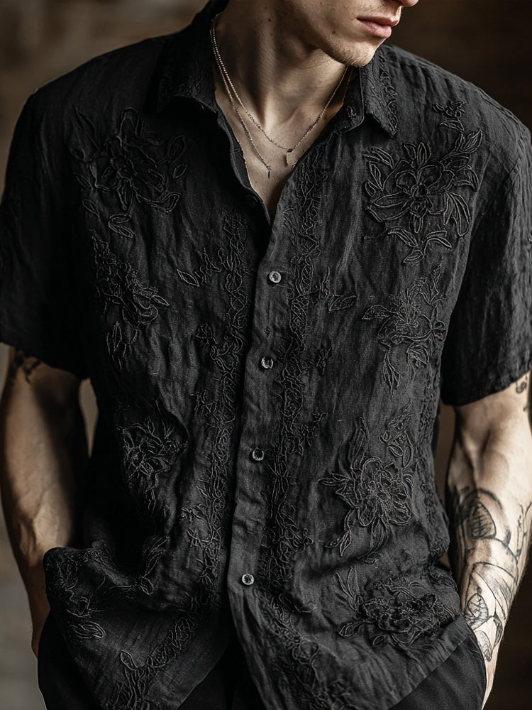 Vintage Floral Lace Embroidered Short Sleeve Linen Shirt elevenforest