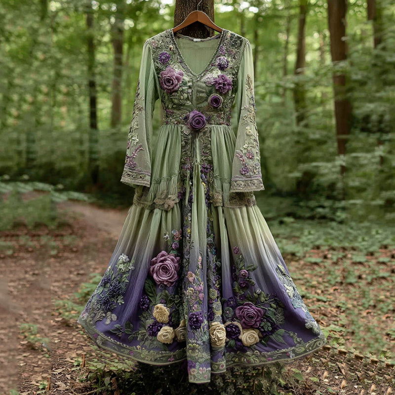Classy Gradient Purple Lavender And Floral Embroidered Linen Maxi Dress elevenforest