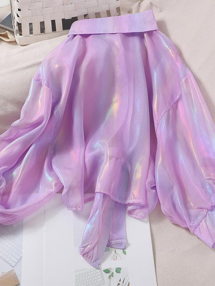 Buttoned Up Shirt Shirts Half Sleeve Shinning Sparkles Tied Waist Blouses for Autumn