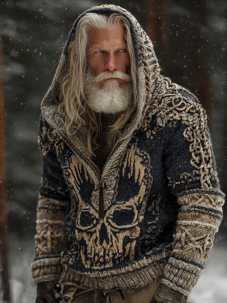 Halloween Skeleton Element Viking Style Men's Hooded Pullover Knit Sweater elevenforest
