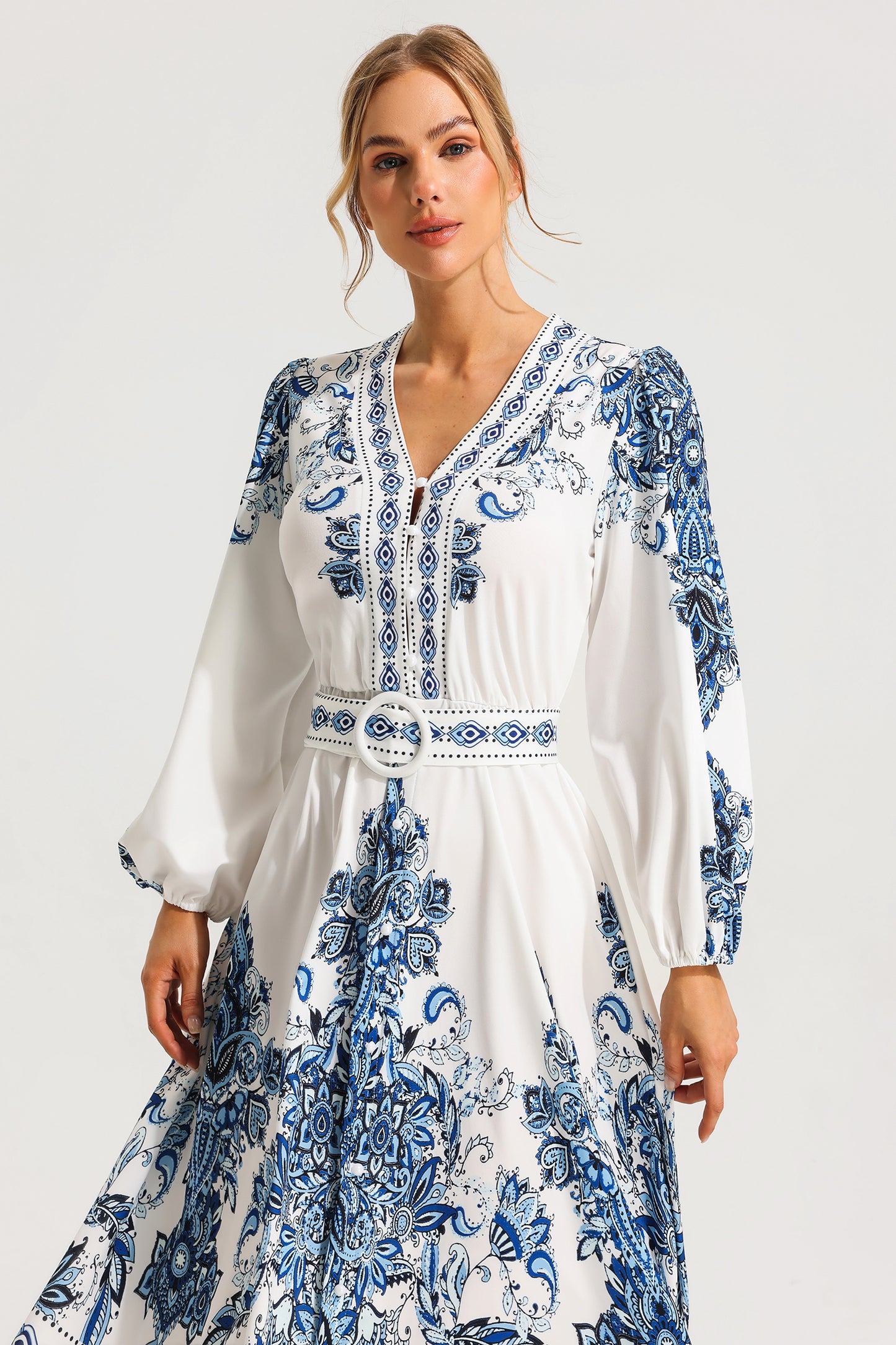 Paisley Single Breasted Long Sleeve Mini Dress With Belt
