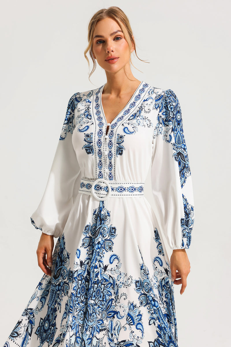 Paisley Single Breasted Long Sleeve Mini Dress With Belt