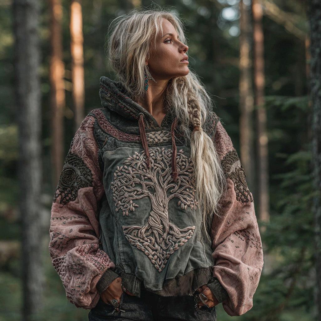 Women's Tribal Magic Tree Of Life Art Patchwork Comfort Hoodie elevenforest
