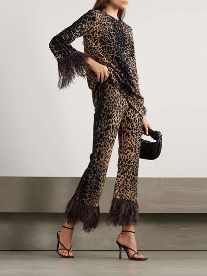 Long Sleeves Feathers Leopard Round-neck Pants Pants Set T-shirts Tops Two-piece Sets