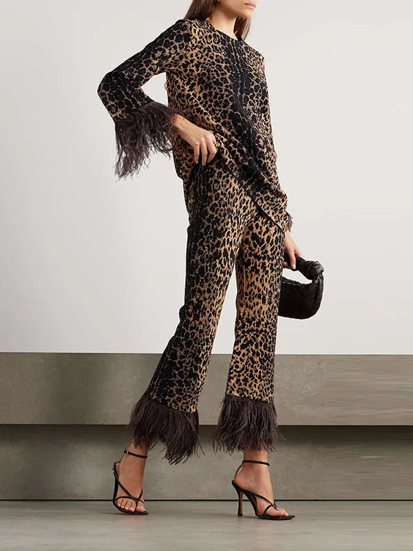Long Sleeves Feathers Leopard Round-neck Pants Pants Set T-shirts Tops Two-piece Sets