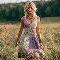 Vintage Cottage Lavender Roses Embroidered Floral Patchwork Linen Dress elevenforest
