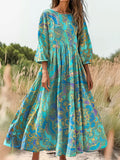 Women's Ethnic Totem Print Flowing Round Neck Pocket Cotton Dress