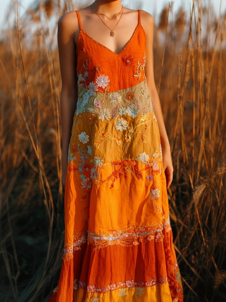 Boho Floral Embroidered Sunset Inspired Patchwork Linen Cami Dress elevenforest