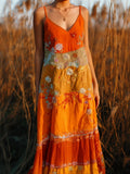 Boho Floral Embroidered Sunset Inspired Patchwork Linen Cami Dress elevenforest