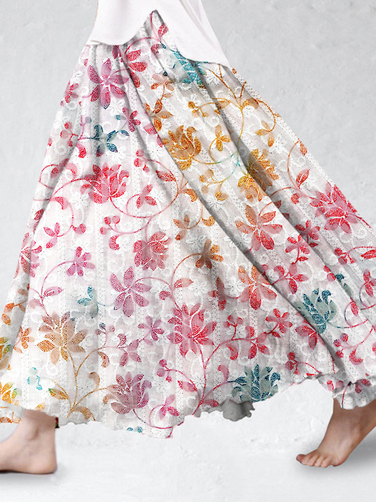 Colorful Floral Lace Linen Blend Flowy Wide Skirt elevenforest