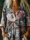 Women's Vintage Floral Pattern Art Print Linen Cotton Casual Shirt