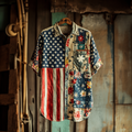 Men's Retro American Flag Independence Day Contrast Patchwork Pattern Linen Shirt elevenforest