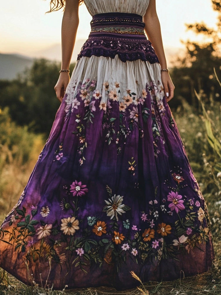 Women's Boho Floral Embroidery Purple Gradient Cotton Flowing Half Elastic Skirt elevenforest
