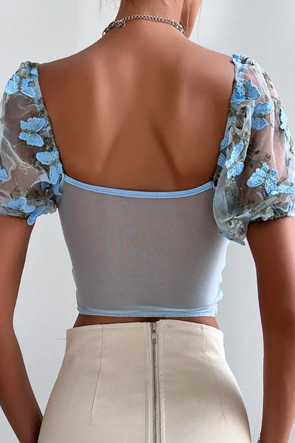Butterfly Embroidered Draw String Mesh V Neck Low Waist T-shirts