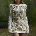 Women's Vintage Halloween Skeleton Bones With Glitter And Rose Art Cozy Knit Mini Sweater Dress elevenforest