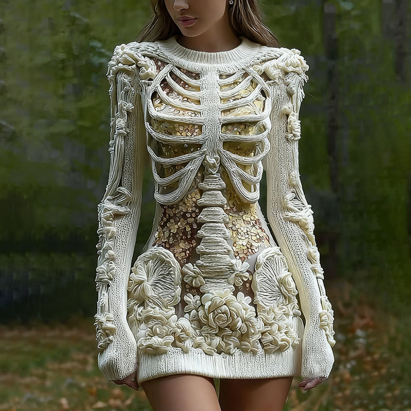 Women's Vintage Halloween Skeleton Bones With Glitter And Rose Art Cozy Knit Mini Sweater Dress elevenforest