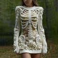 Comstylish Women's Vintage Halloween Skeleton Bones With Glitter And Rose Art Cozy Knit Mini Sweater Dress