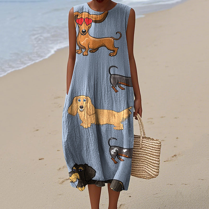 Comstylish Funny Dogs Print Women's Linen Tank Midi Dress