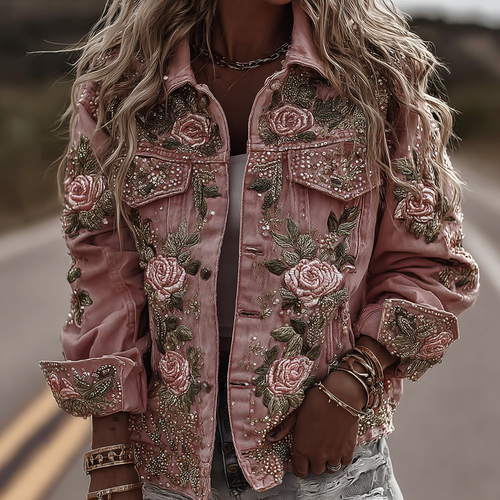 Vintage Romantic Pink Roses Embroidery Denim Jacket elevenforest