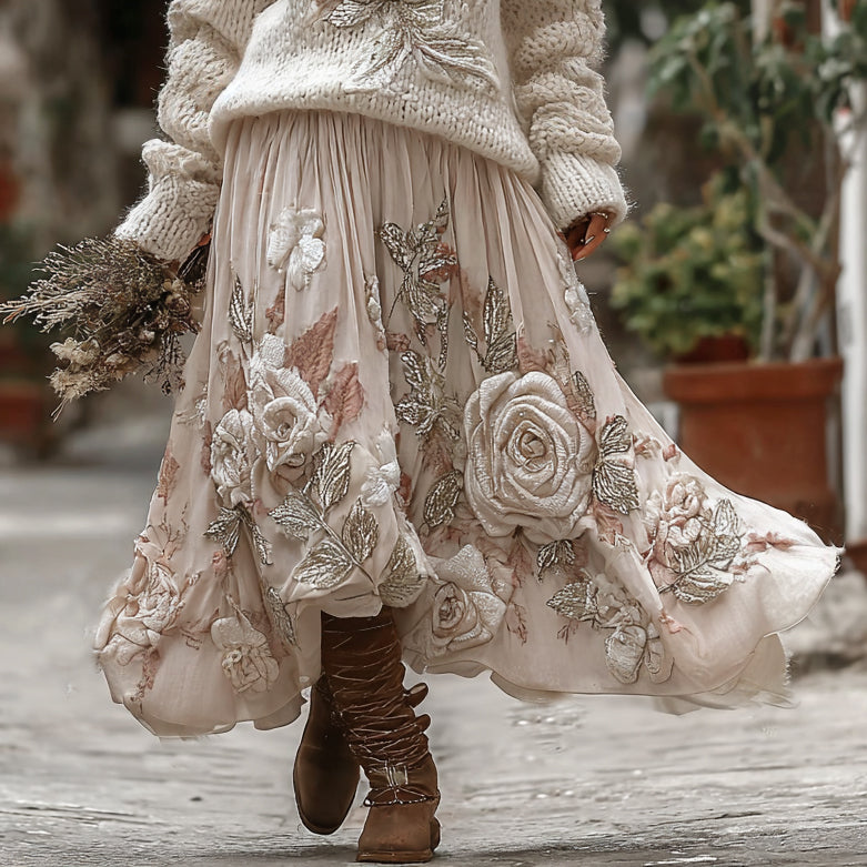 Vintage Rose In White Art Cozy Knit Turtleneck Sweater And Linen Skirt Two-piece Set elevenforest