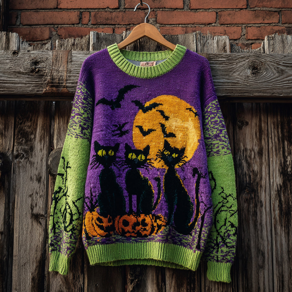 Halloween Black Cat Color Clash Women's Knitted Sweater elevenforest