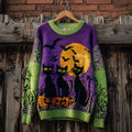 Comstylish Halloween Black Cat Color Clash Women's Knitted Sweater
