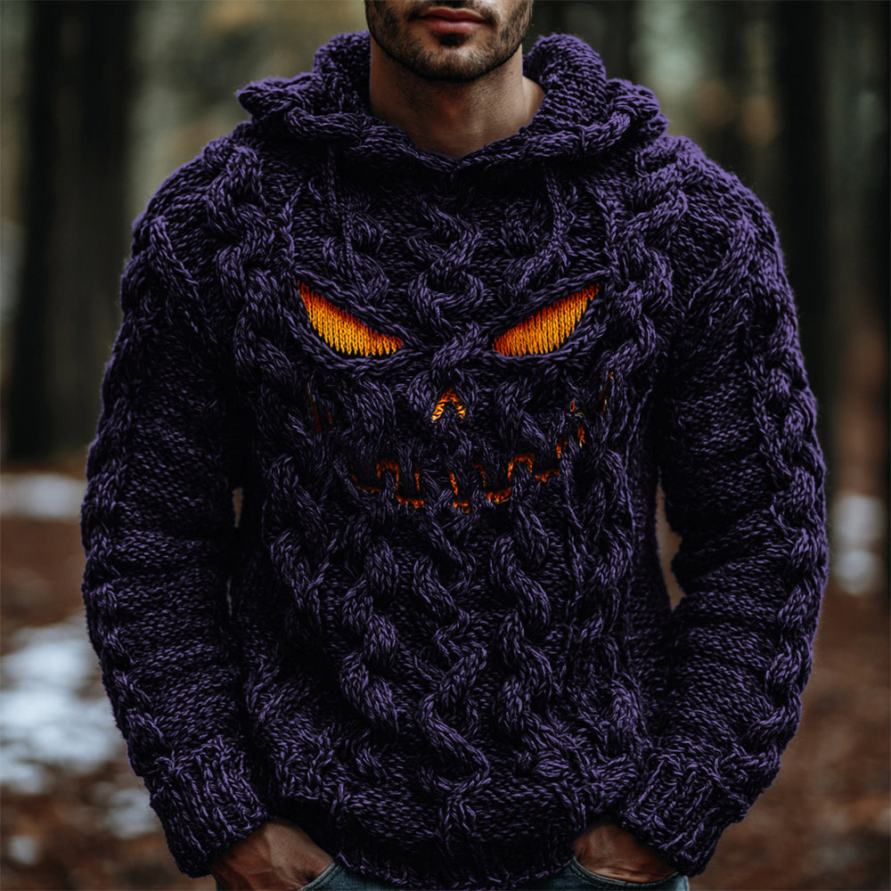 Halloween Evil Pumpkin Emoji Men's Chunky Knit Hooded Sweater elevenforest