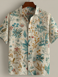 Bohemian Style Plant And Flower Pattern Men's Retro Cotton And Linen Short-sleeve Shirt elevenforest