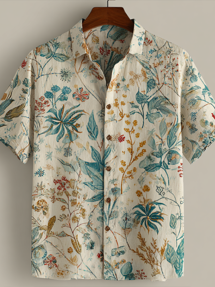 Bohemian Style Plant And Flower Pattern Men's Retro Cotton And Linen Short-sleeve Shirt elevenforest