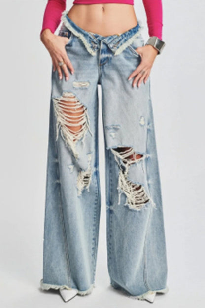 Ripped Patchwork Mid Waist Regular Denim Jeans (subject to the Actual Object)