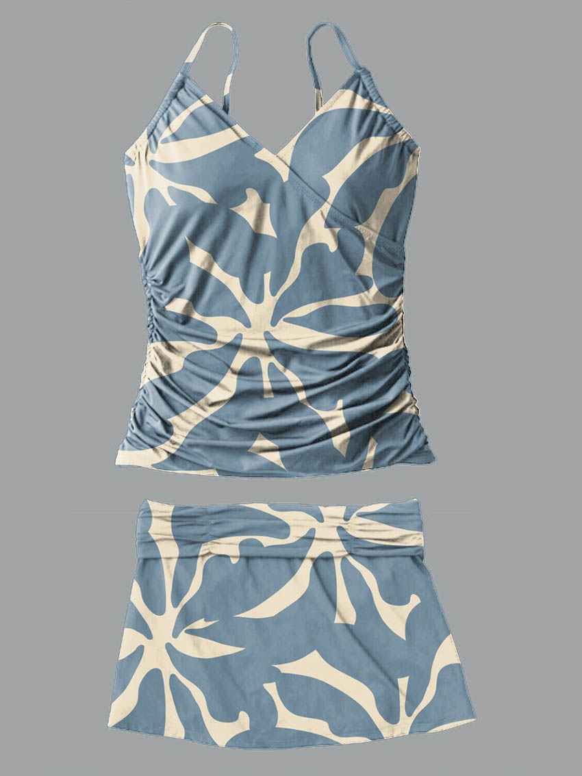 V-Neck Blue Abstract Geometric Flowers Print Suspender Skirt Tankini Pantskirt Set Swimsuit