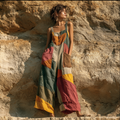 Bohemian Plant Flower Pattern Patch Color Block Women's Strap Wide Leg Pants elevenforest