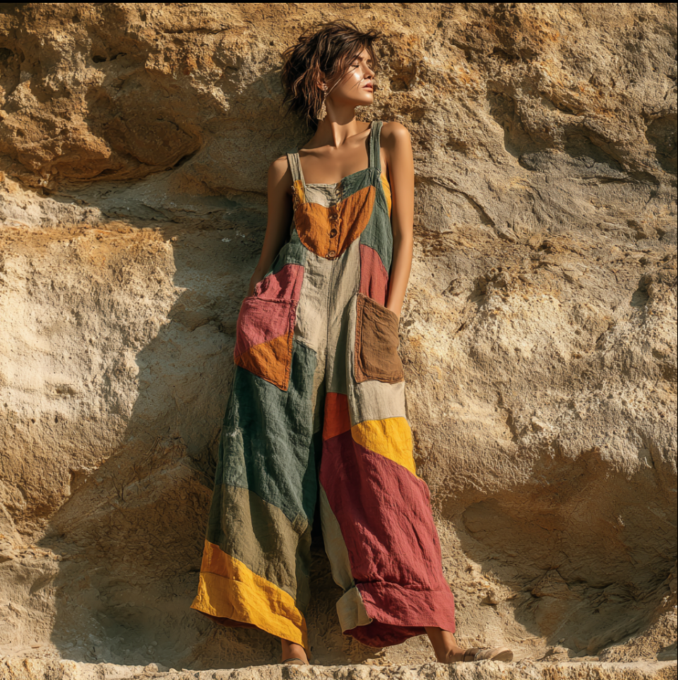 Bohemian Plant Flower Pattern Patch Color Block Women's Strap Wide Leg Pants elevenforest